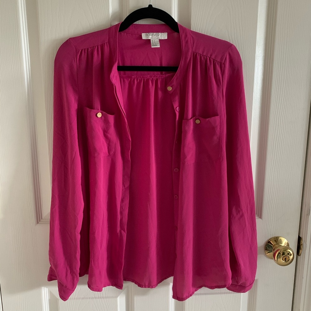 Forever 21 Fuchsia Crew Neck Button Down Blouse Size Small